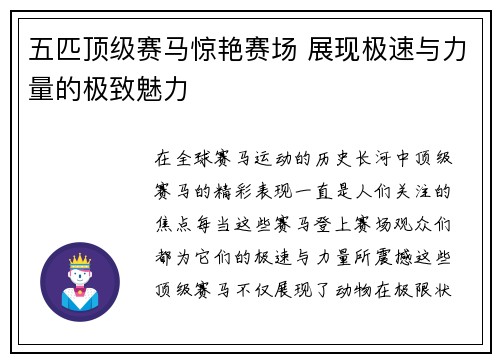 五匹顶级赛马惊艳赛场 展现极速与力量的极致魅力