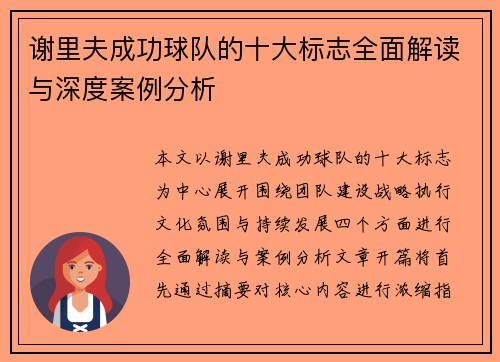 谢里夫成功球队的十大标志全面解读与深度案例分析